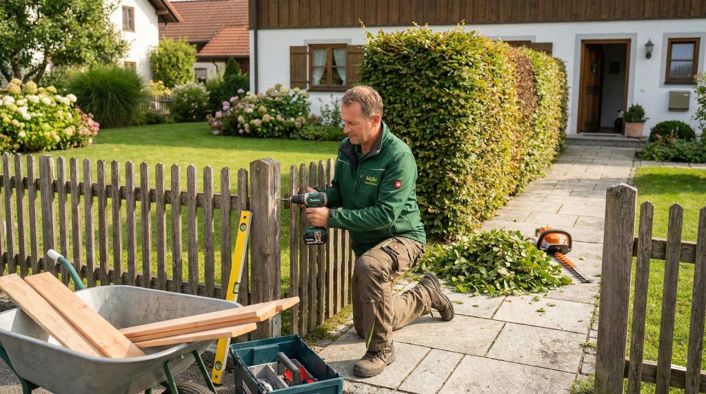 Gärtner repariert einen Holzzaun und pflegt den Garten – Gartenpflege und Zaunreparaturen in Dessau.
