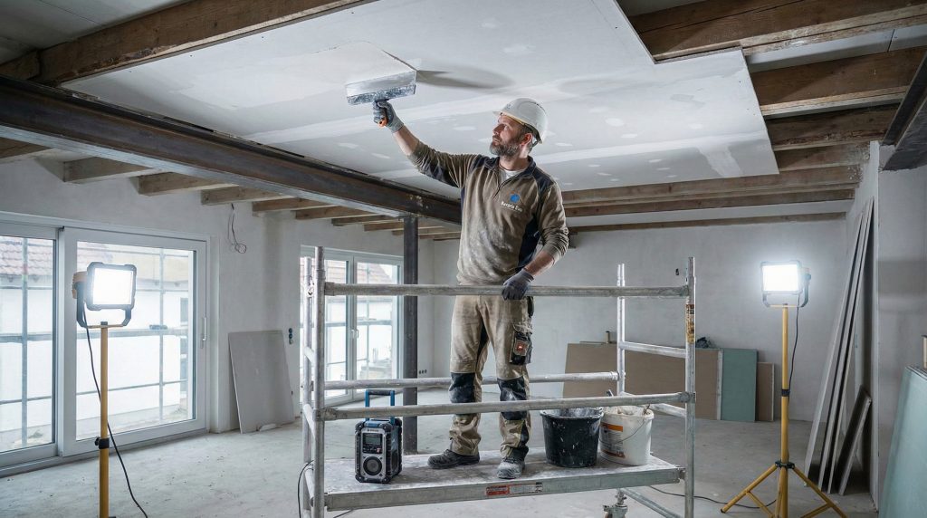 Handwerker führt präzise Wandreparaturen im Innenbereich durch – Innenausbau und Renovierung in Dessau.
