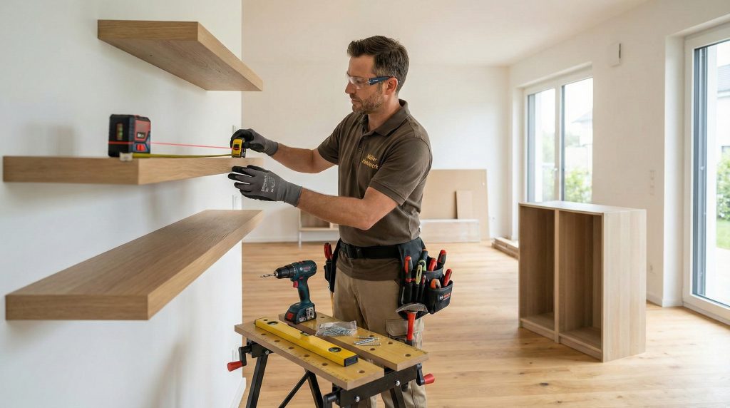 Handwerker montiert Möbel und Bauelemente vor Ort – Professionelle Montage und Installationen in Dessau.