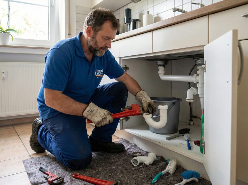 Techniker reinigt und repariert Küchenabfluss – Zuverlässige Reinigung und kleinere Reparaturen in Dessau.